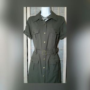 CALVIN KLEIN DRESS COLLAR BELTED OLIVE GREEN SZ 6